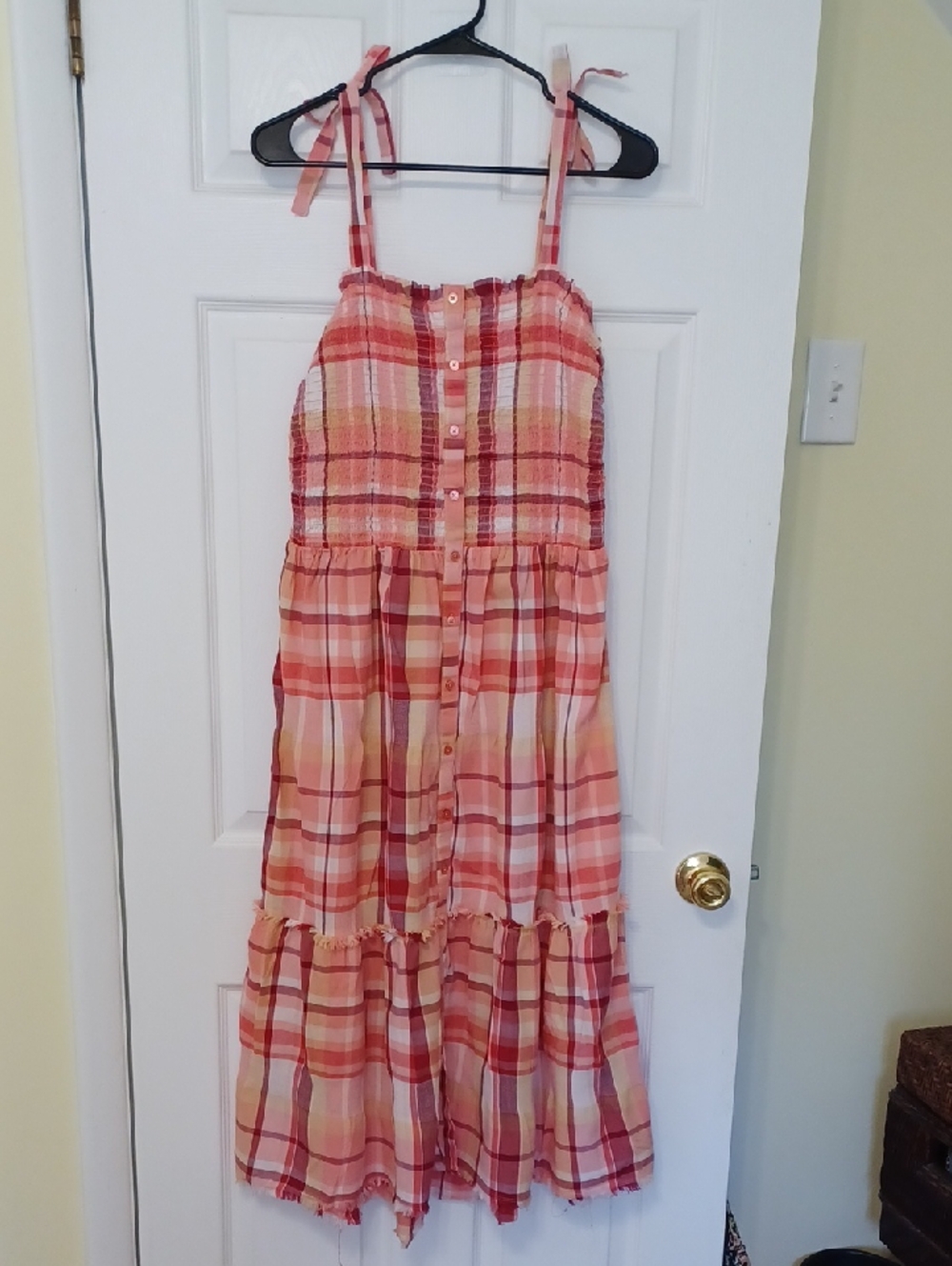 True Craft Sz 0X (12), Pink and Peach Plaidn Tiered,Tie-Shoulder Sundress.